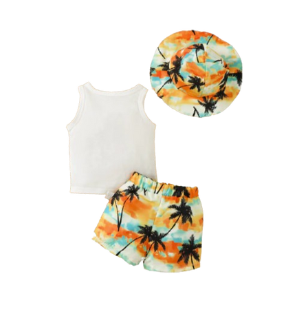 The Camden - Baby Boy Coconut Print Sleeveless Vest + Dyed Hat + Shorts