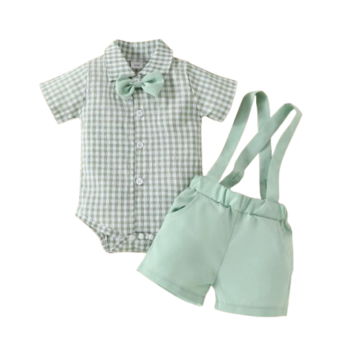 The Declan - Baby Boy Gentleman Plaid Short Sleeve Jumpsuit and Casual Stretch Suspender