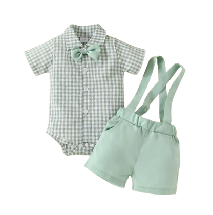 The Declan - Baby Boy Gentleman Plaid Short Sleeve Jumpsuit and Casual Stretch Suspender