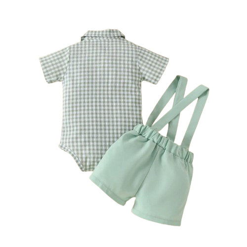 The Declan - Baby Boy Gentleman Plaid Short Sleeve Jumpsuit and Casual Stretch Suspender