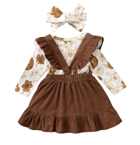 The Devan - Baby Brown/Green Floral Longsleeve Tops + Solid Colour Skirt + Headband