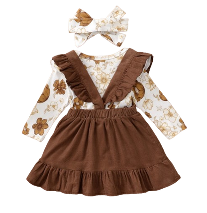 The Devan - Baby Brown/Green Floral Longsleeve Tops + Solid Colour Skirt + Headband