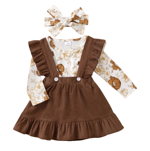 The Devan - Baby Brown/Green Floral Longsleeve Tops + Solid Colour Skirt + Headband