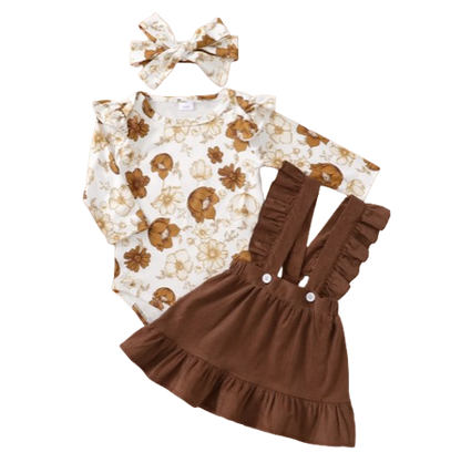 The Devan - Baby Brown/Green Floral Longsleeve Tops + Solid Colour Skirt + Headband