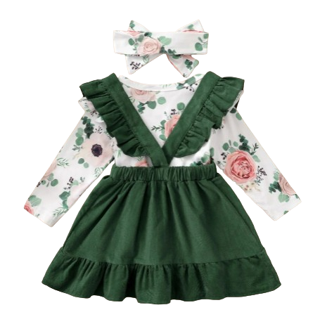 The Devan - Baby Brown/Green Floral Longsleeve Tops + Solid Colour Skirt + Headband