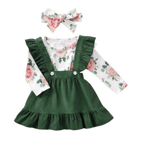 The Devan - Baby Brown/Green Floral Longsleeve Tops + Solid Colour Skirt + Headband