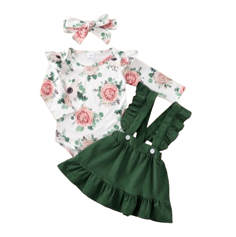 The Devan - Baby Brown/Green Floral Longsleeve Tops + Solid Colour Skirt + Headband