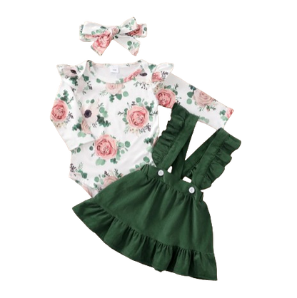 The Devan - Baby Brown/Green Floral Longsleeve Tops + Solid Colour Skirt + Headband