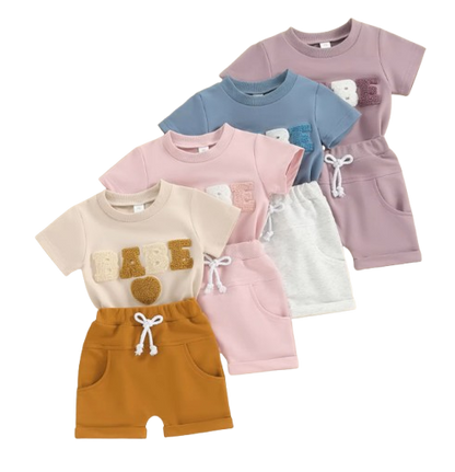 The Devon - Baby Unisex Fuzzy Heart Letter Embroidery Short Sleeve T-Shirts & Shorts