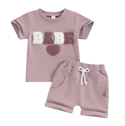 The Devon - Baby Unisex Fuzzy Heart Letter Embroidery Short Sleeve T-Shirts & Shorts