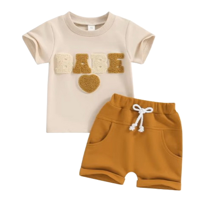 The Devon - Baby Unisex Fuzzy Heart Letter Embroidery Short Sleeve T-Shirts & Shorts