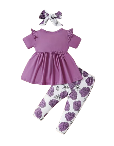 The Eden - Baby Girl Purple Short Sleeved Top + Floral Pants + Headband