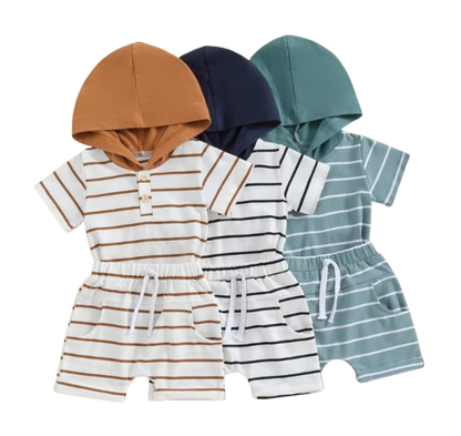 The Eiden - Baby Boy Stripe Print Short Sleeve Hood T-Shirt + Elastic Waist Shorts