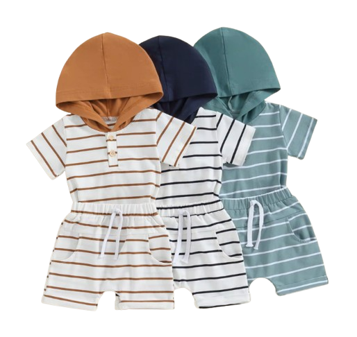 The Eiden - Baby Boy Stripe Print Short Sleeve Hood T-Shirt + Elastic Waist Shorts