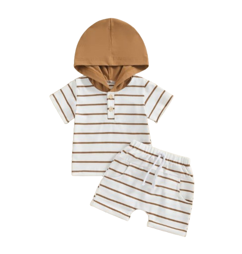 The Eiden - Baby Boy Stripe Print Short Sleeve Hood T-Shirt + Elastic Waist Shorts