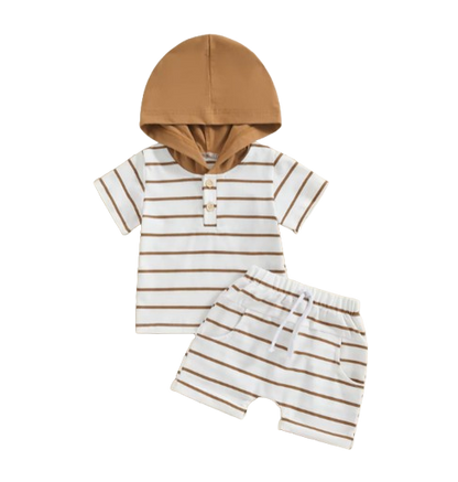 The Eiden - Baby Boy Stripe Print Short Sleeve Hood T-Shirt + Elastic Waist Shorts