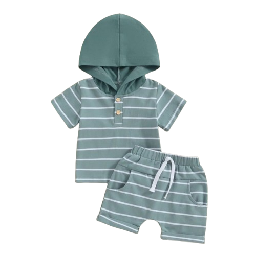 The Eiden - Baby Boy Stripe Print Short Sleeve Hood T-Shirt + Elastic Waist Shorts