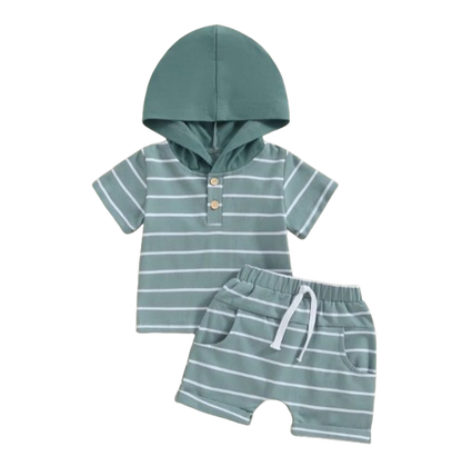 The Eiden - Baby Boy Stripe Print Short Sleeve Hood T-Shirt + Elastic Waist Shorts