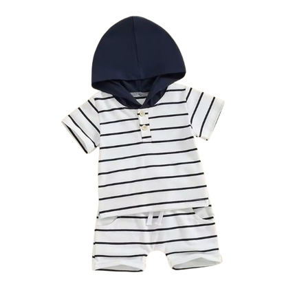 The Eiden - Baby Boy Stripe Print Short Sleeve Hood T-Shirt + Elastic Waist Shorts