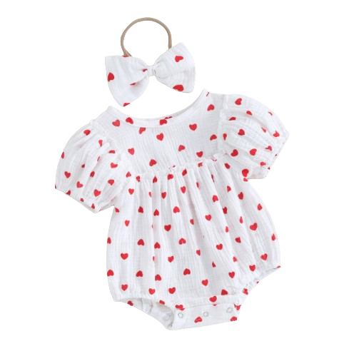 The Elaina - Baby Girl Heart Print Jumpsuit with Bow Headband Set