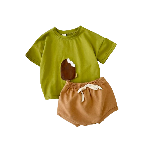 The Elian - Baby Unisex Ice Cream Patch Casual Short Sleeve Top + Shorts