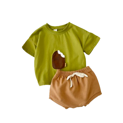 The Elian - Baby Unisex Ice Cream Patch Casual Short Sleeve Top + Shorts