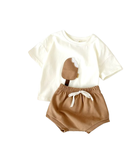 The Elian - Baby Unisex Ice Cream Patch Casual Short Sleeve Top + Shorts