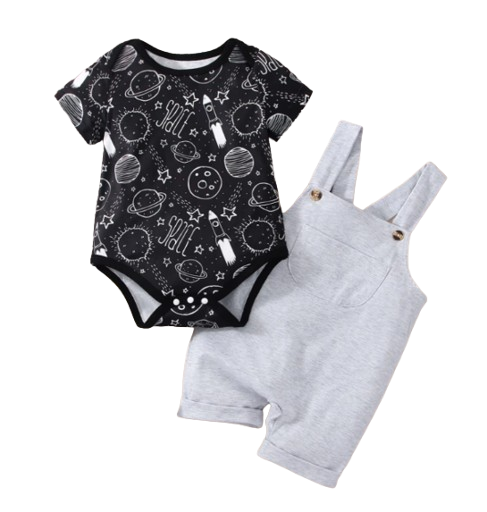 The Elias - Baby Boy Your Little Astronaut Planet Space Print Romper & Solid Bib Shorts Set