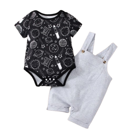 The Elias - Baby Boy Your Little Astronaut Planet Space Print Romper & Solid Bib Shorts Set