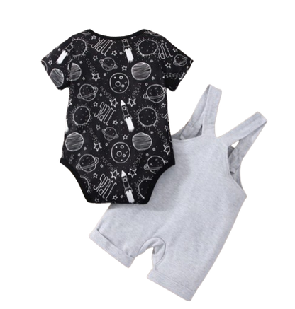 The Elias - Baby Boy Your Little Astronaut Planet Space Print Romper & Solid Bib Shorts Set