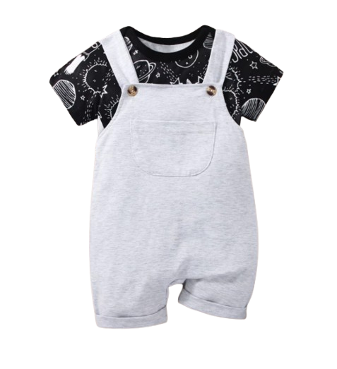 The Elias - Baby Boy Your Little Astronaut Planet Space Print Romper & Solid Bib Shorts Set