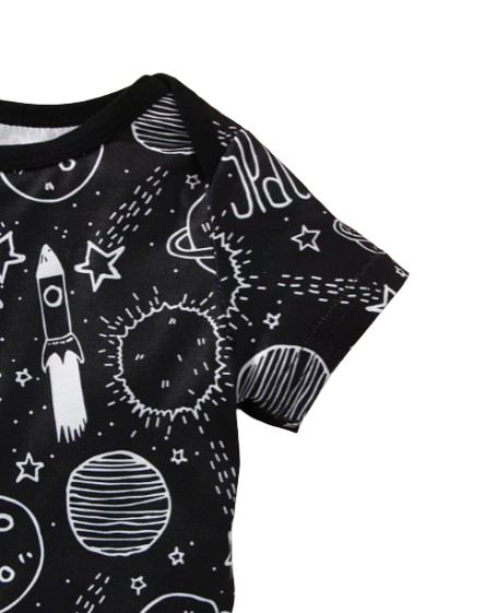 The Elias - Baby Boy Your Little Astronaut Planet Space Print Romper & Solid Bib Shorts Set