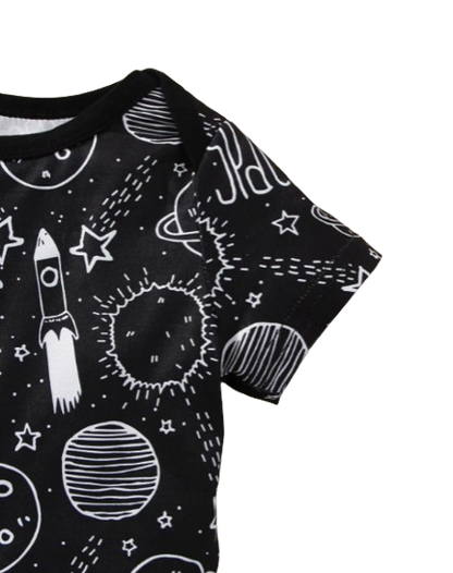 The Elias - Baby Boy Your Little Astronaut Planet Space Print Romper & Solid Bib Shorts Set