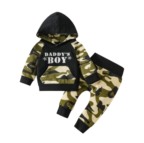 The Elijah - Baby Boy Army Green Camouflage Letter Print Hooded Long Sleeve Top+Trousers