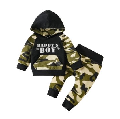 The Elijah - Baby Boy Army Green Camouflage Letter Print Hooded Long Sleeve Top+Trousers