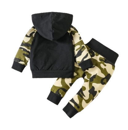 The Elijah - Baby Boy Army Green Camouflage Letter Print Hooded Long Sleeve Top+Trousers