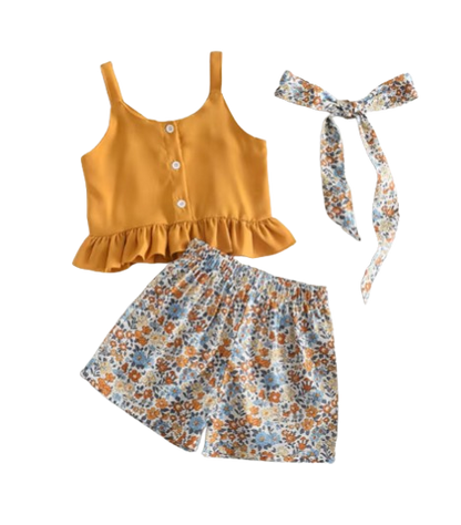 The Ella - Baby Girl Solid Suspender T-shirt Tops + Floral Shorts