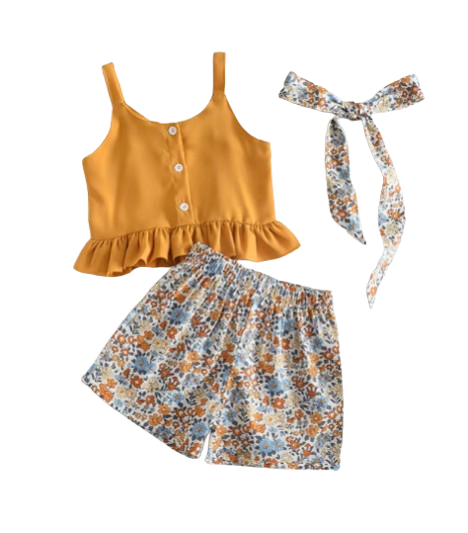 The Ella - Baby Girl Solid Suspender T-shirt Tops + Floral Shorts