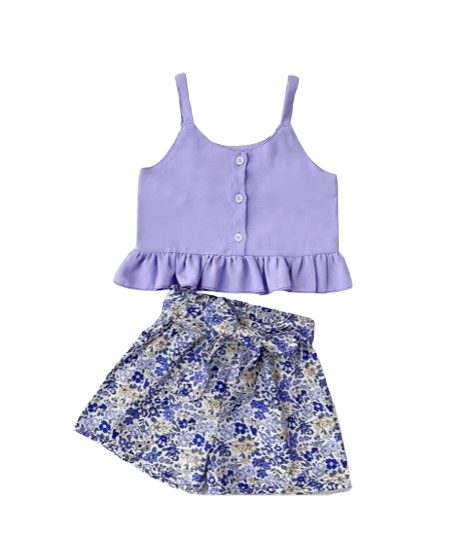 The Ella - Baby Girl Solid Suspender T-shirt Tops + Floral Shorts