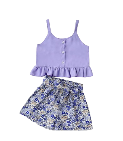 The Ella - Baby Girl Solid Suspender T-shirt Tops + Floral Shorts