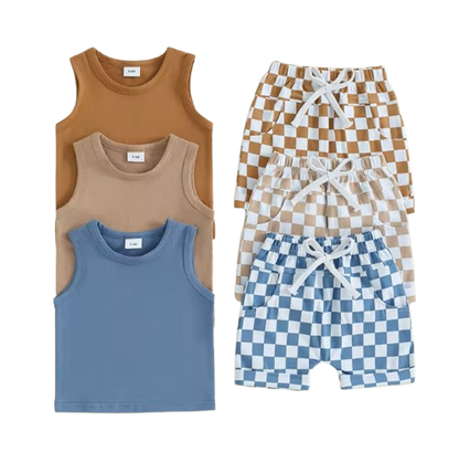 The Emiliano - Baby Boy Solid Sleeveless Tank Tops Checkerboard & Elastic Waist Shorts