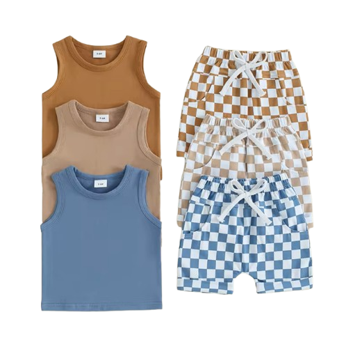 The Emiliano - Baby Boy Solid Sleeveless Tank Tops Checkerboard & Elastic Waist Shorts