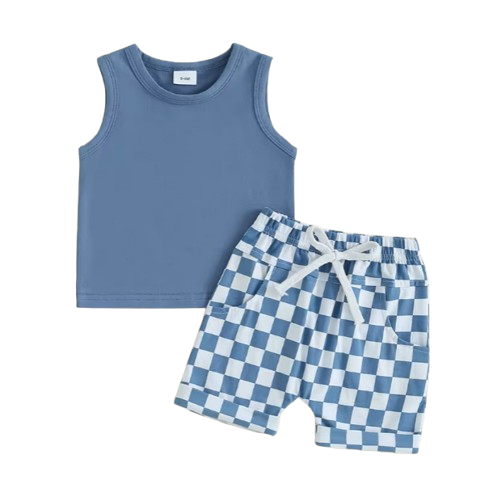 The Emiliano - Baby Boy Solid Sleeveless Tank Tops Checkerboard & Elastic Waist Shorts