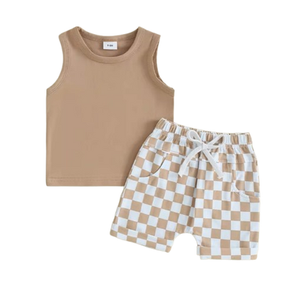 The Emiliano - Baby Boy Solid Sleeveless Tank Tops Checkerboard & Elastic Waist Shorts