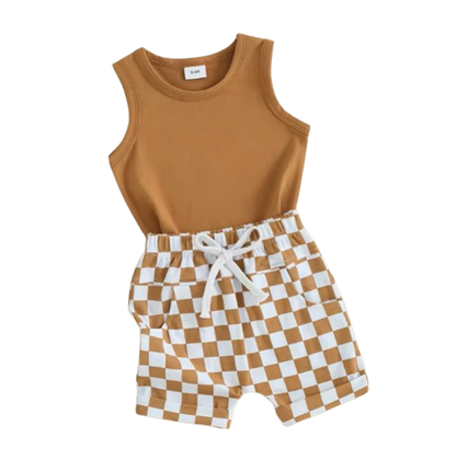 The Emiliano - Baby Boy Solid Sleeveless Tank Tops Checkerboard & Elastic Waist Shorts