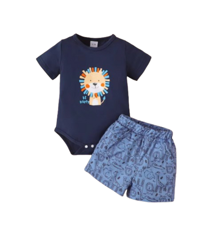 The Emilio - Baby Boy Lion Cartoon Short Sleeved Bodysuit + Shorts