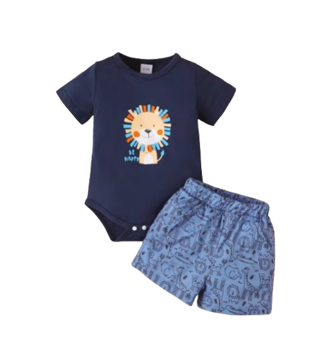 The Emilio - Baby Boy Lion Cartoon Short Sleeved Bodysuit + Shorts