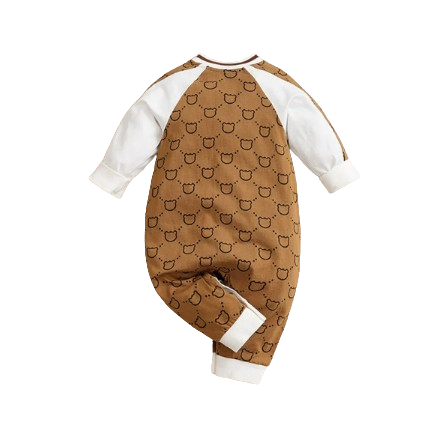 The Evan - Unisex Baby Bear Print White & Brown Bodysuit