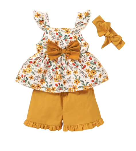 The Gianna - Baby Girl Floral Sling Top with Bow + Shorts + Headband