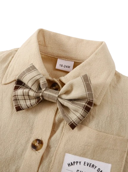 The Greyson - Baby Boy Short Sleeved Solid Color Shirt with Bow Tie + Shorts